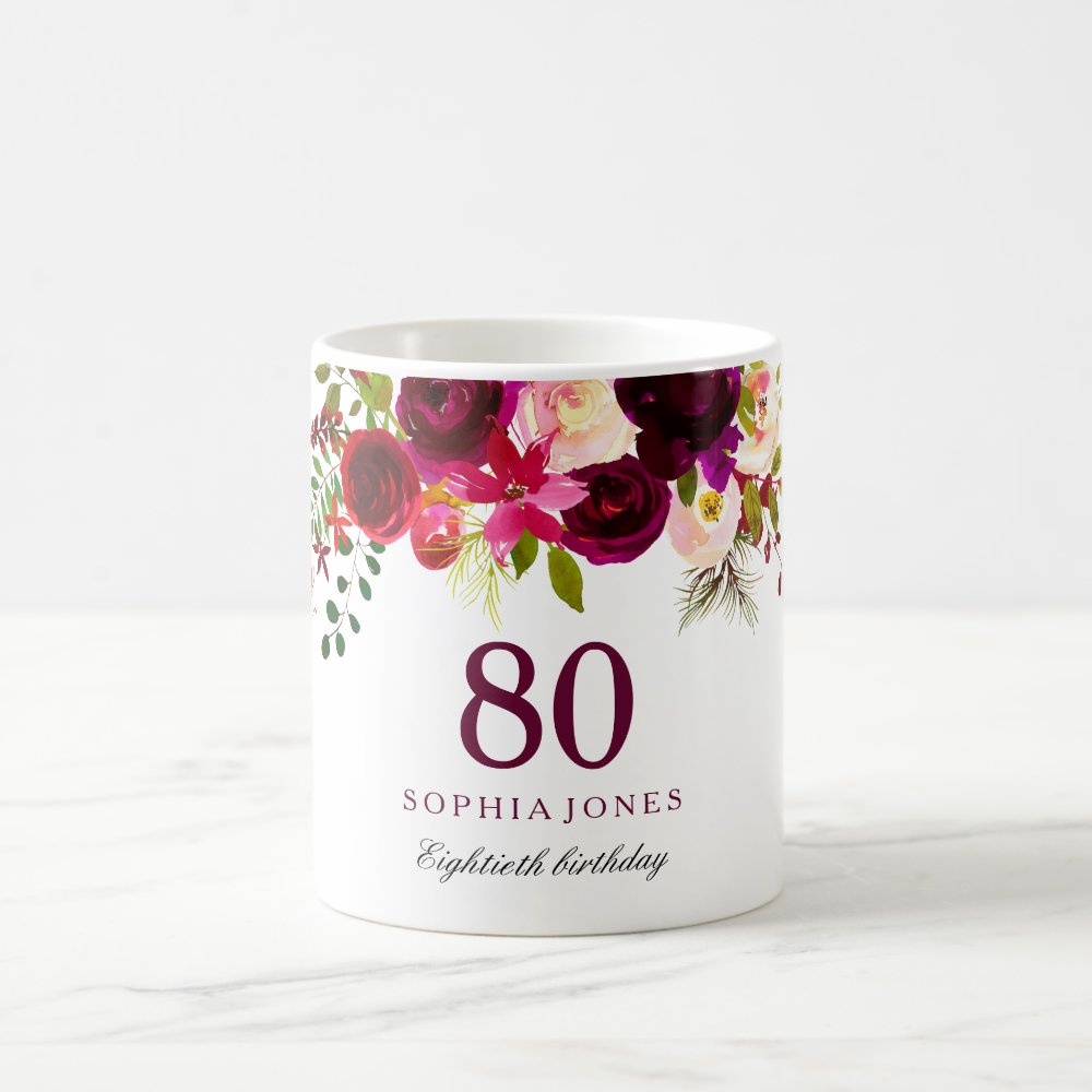 Discover Burgundy Red Floral Boho 80th Birthday Personalized Gift Coffee Mug