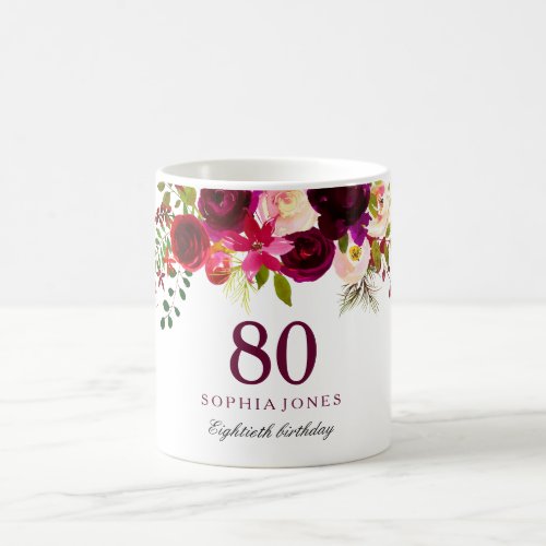 Burgundy Red Floral Boho 80th Birthday Gift Coffee Mug