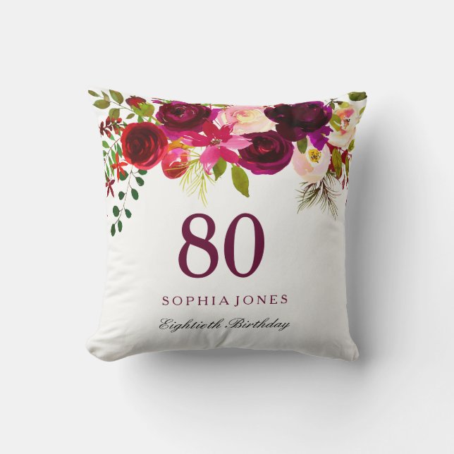 Burgundy Red Floral Boho 80th Birthday Gift Throw Pillow (Front)