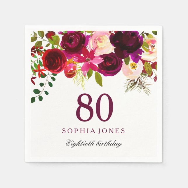 Burgundy Red Floral Boho 80th Birthday Party Paper Napkins (Front)