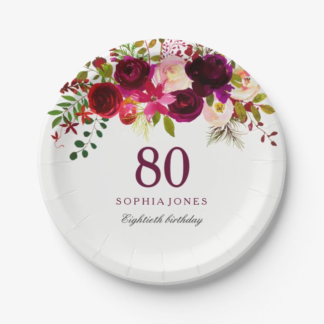 Burgundy Red Floral Boho 80th Birthday Party Paper Plates (Front)