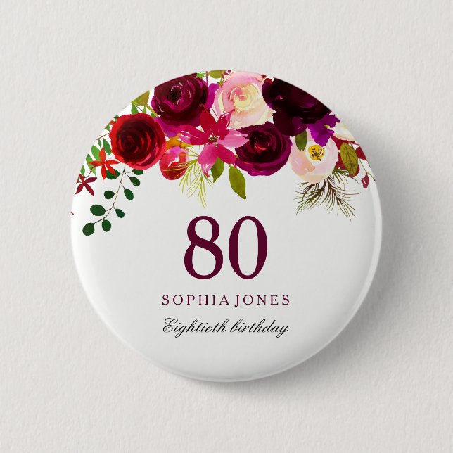 Burgundy Red Floral Boho 80th Birthday Party Pinback Button (Front)