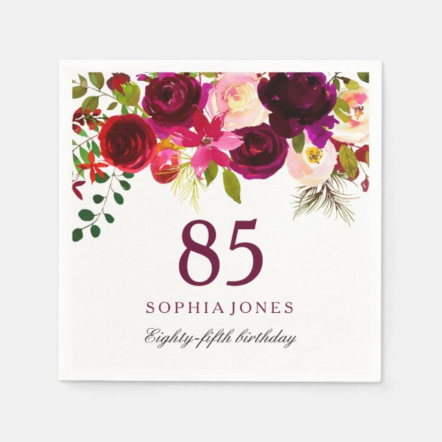 Burgundy Red Floral Boho 85th Birthday Party Paper Napkins (Front)