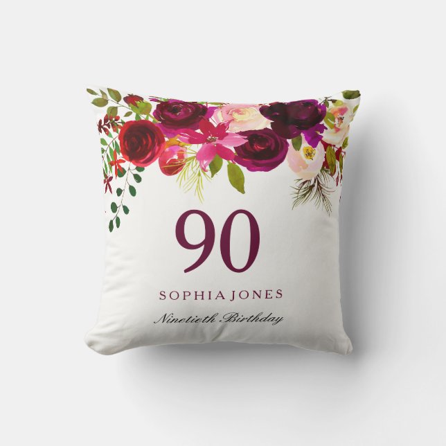 Burgundy Red Floral Boho 90th Birthday Gift Throw Pillow (Front)