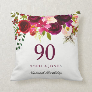 Burgundy Red Floral Boho 90th Birthday Gift Throw Pillow
