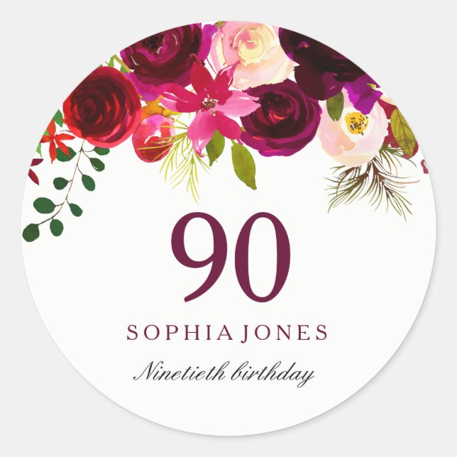 Burgundy Red Floral Boho 90th Birthday Party Classic Round Sticker (Front)