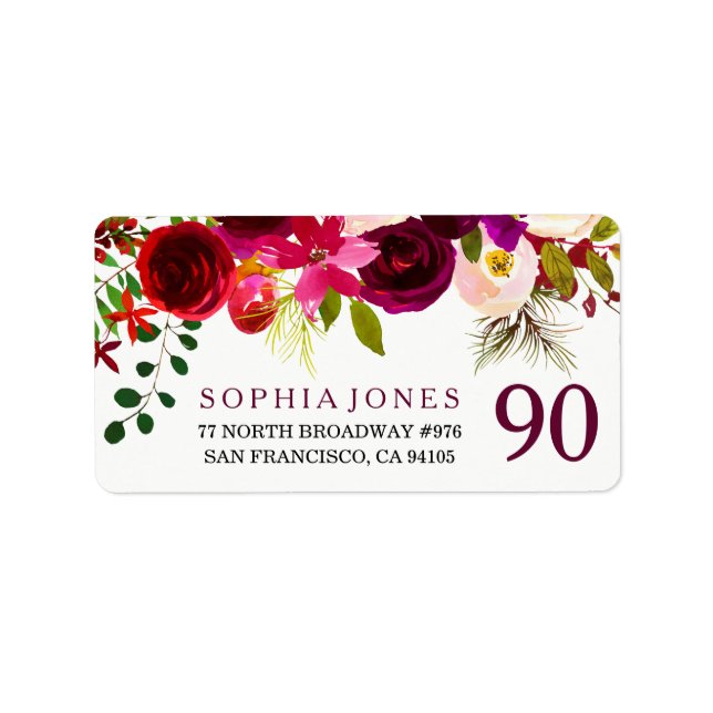 Burgundy Red Floral Boho 90th Birthday Party Label (Front)