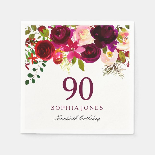 Burgundy Red Floral Boho 90th Birthday Party Paper Napkins (Front)