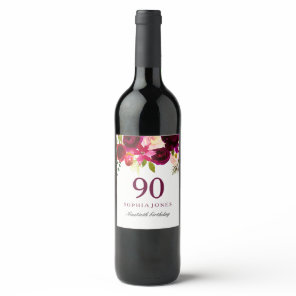 Burgundy Red Floral Boho 90th Birthday Party Wine Label