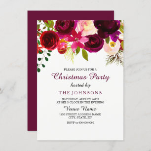 Burgundy Red Floral Boho Christmas Party Invite