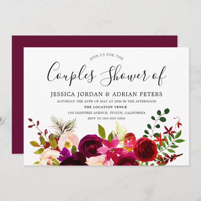 Burgundy Red Floral Boho Couples Shower Invite (Front/Back)