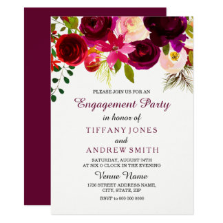 Burgundy Red Floral Boho Engagement Party Invite