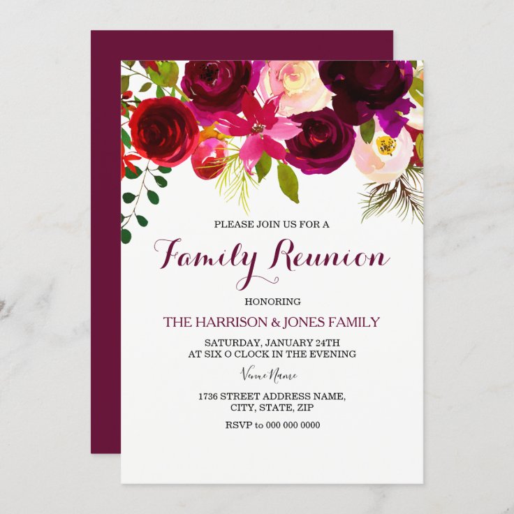 Burgundy Red Floral Boho Family Reunion Invite | Zazzle