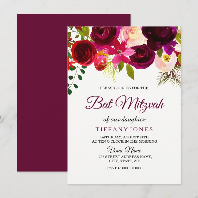 Burgundy Red Floral Boho Girl Bat Mitzvah Invite (Front/Back)
