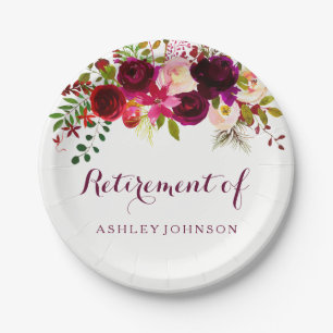 Burgundy Red Floral Boho Retirement Party Paper Plates