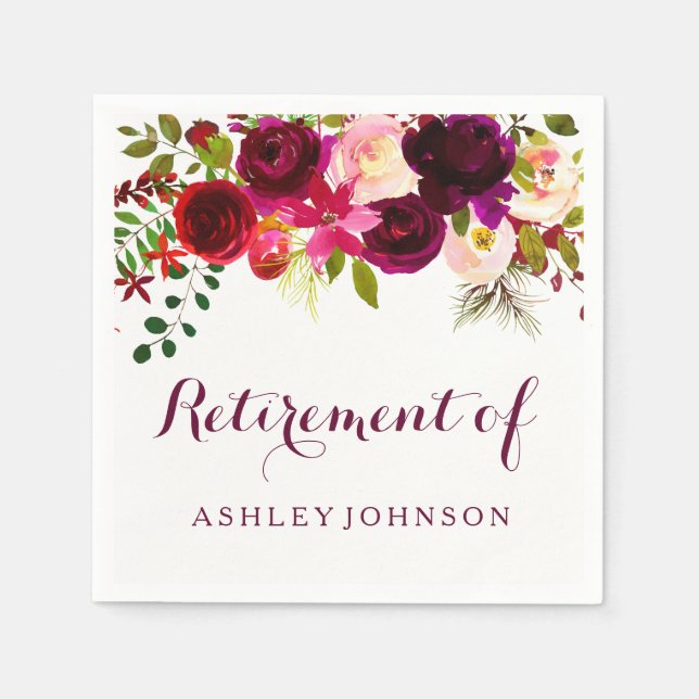 Burgundy Red Floral Boho Retirement PartyBurgundy Napkins (Front)