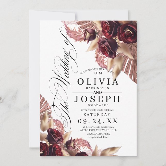 Burgundy Red Floral Boho Rustic Wedding Invitation (Front)