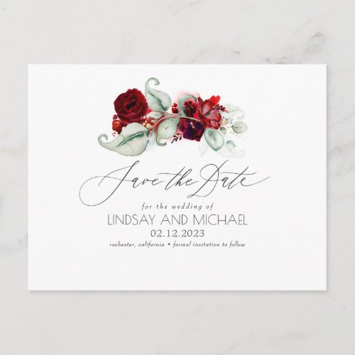 Burgundy Red Floral Boho Save the Date Postcard