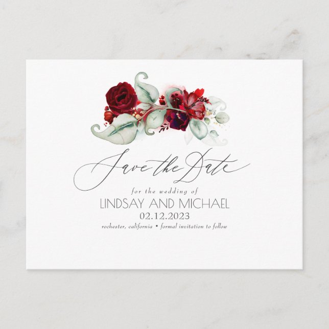 Burgundy Red Floral Boho Save the Date Postcard (Front)
