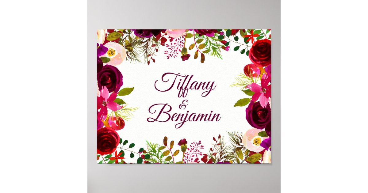 Burgundy Red Floral Boho Wedding Engagement Party Poster | Zazzle
