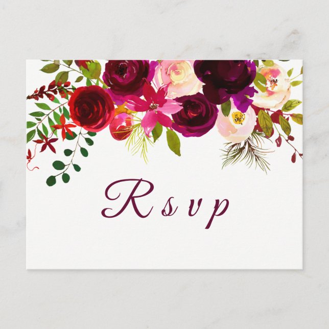 Burgundy Red Floral Boho Wedding RSVP postcard (Front)