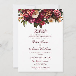 Burgundy Red Floral Bouquet Islamic Wedding Invitation