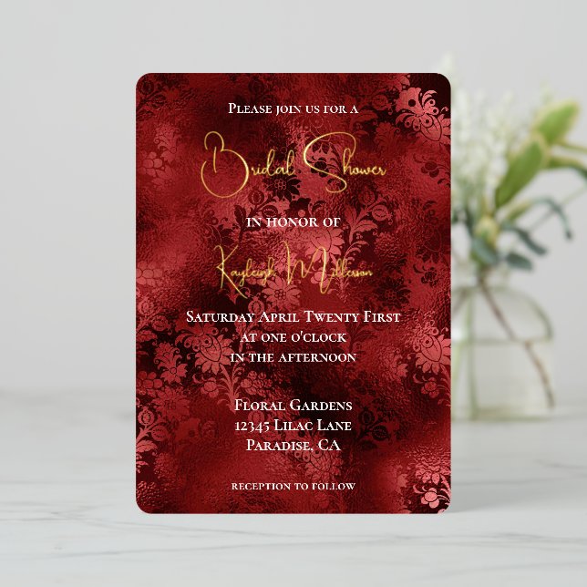 Burgundy Red Floral Bridal Shower Foil Invitation (Standing Front)