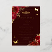 Burgundy Red Floral Butterfly Tiara Quinceanera  Foil Invitation (Standing Front)
