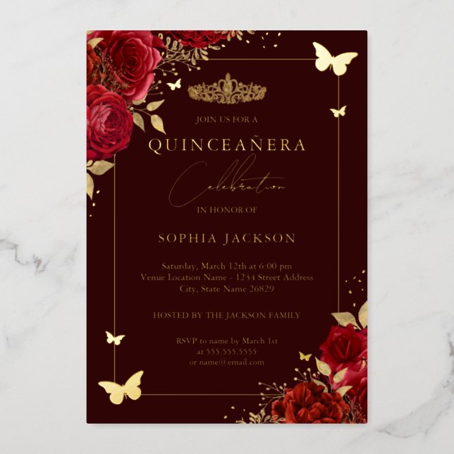 Burgundy Red Floral Butterfly Tiara Quinceanera  Foil Invitation (Front)