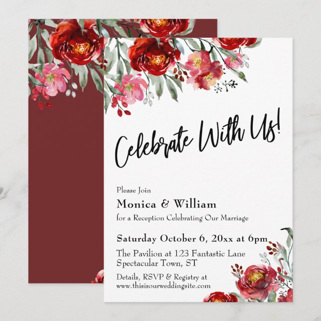 Burgundy Red Floral Celebrate with Us Typography Invitation (Front/Back)