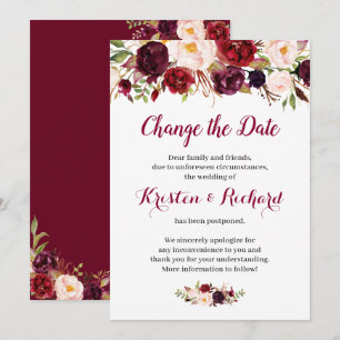 Burgundy Red Floral Change the Date Card