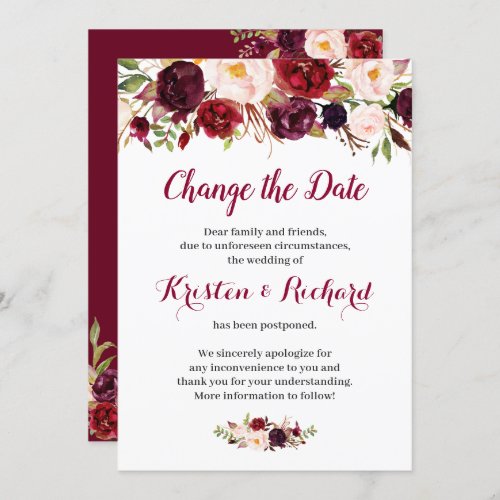 Burgundy Red Floral Change the Date Card - Event Postponed Announcement Template - Burgundy Red Floral Change of Date Card.
(1) For further customization, please click the "customize further" link and use our design tool to modify this template.
(2) If you need help or matching items, please contact me.