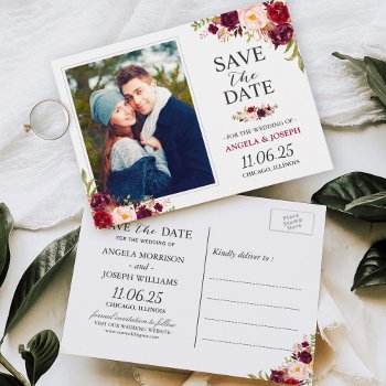Burgundy Red Floral Chic Save The Date Photo Postcard by CardHunter at Zazzle
