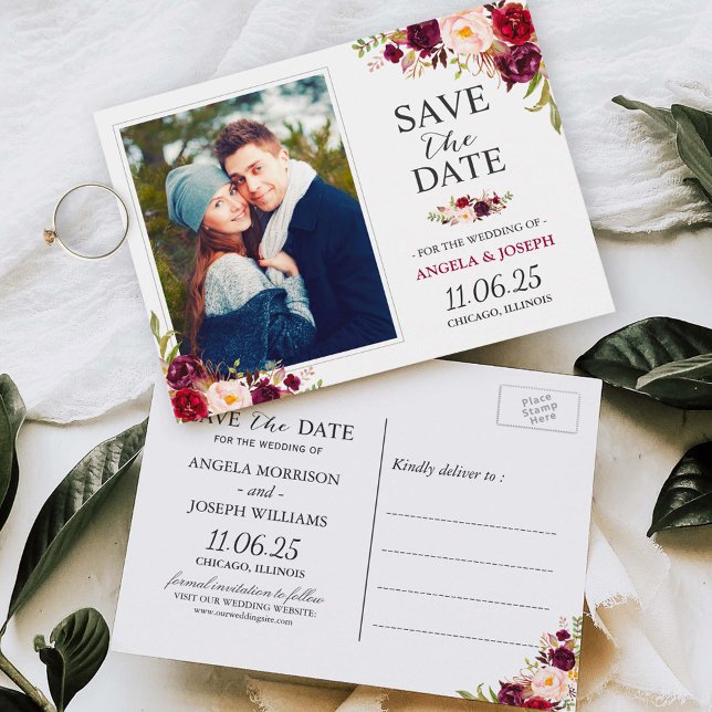 Burgundy Red Floral Chic Save the Date Photo Postcard (Creator Uploaded)
