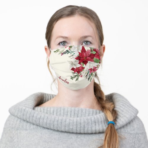 Burgundy Red Floral Christmas Bouquet with Name Adult Cloth Face Mask