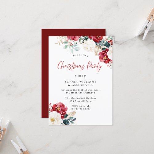 Burgundy Red Floral Company Family Christmas Party Invitation