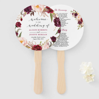 Burgundy Red Floral Contemporary Wedding Program Hand Fan