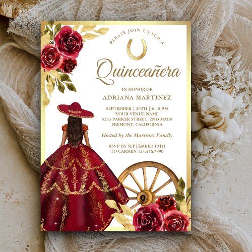 Burgundy Red Floral Dress Charro Gold Quinceanera Invitation