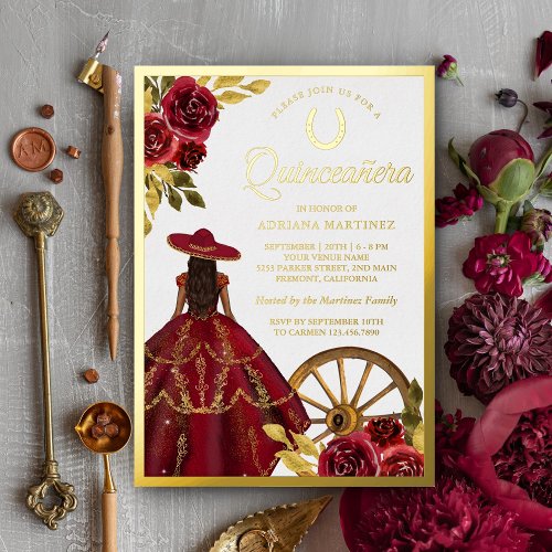 Burgundy Red Floral Dress Charro Quinceanera Gold Foil Invitation