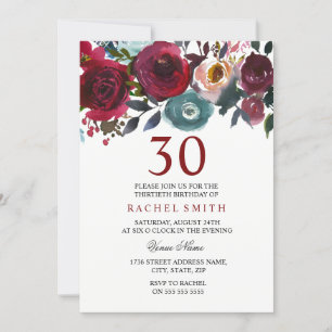 Burgundy Red Floral Elegant 30th Birthday Invite