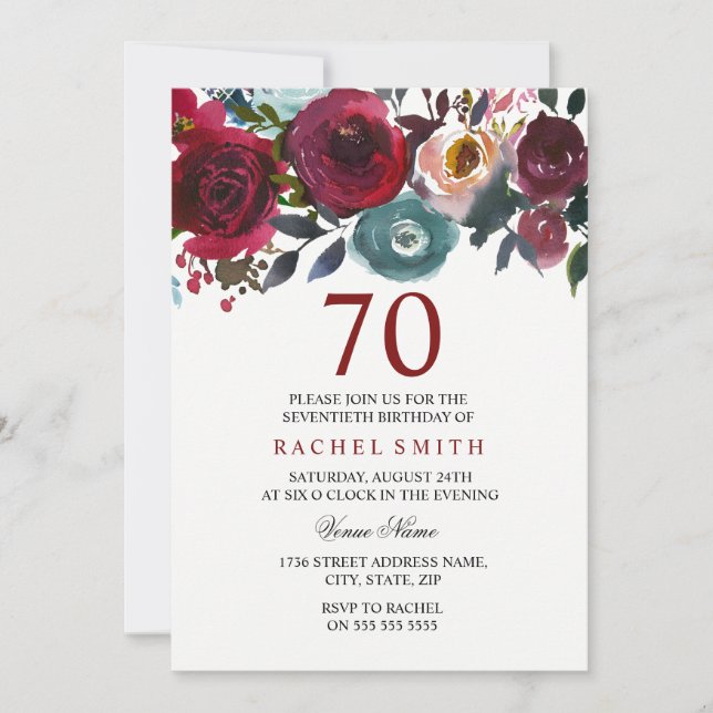 Burgundy Red Floral Elegant 70th Birthday Invite (Front)