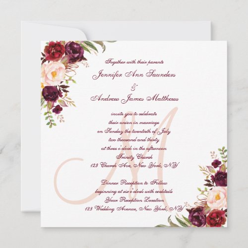 Burgundy Red Floral Elegant Blush Monogram Wedding Invitation