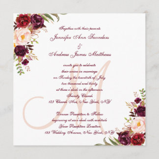 Burgundy Red Floral Elegant Blush Monogram Wedding Invitation