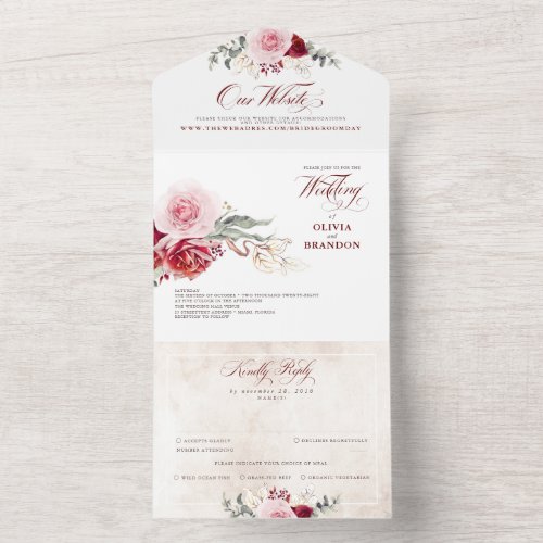 Burgundy Red Floral Elegant Boho Wedding All In One Invitation