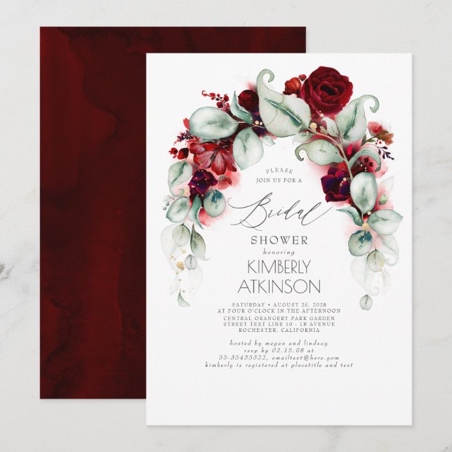 Burgundy Red Floral Elegant Bridal Shower Invitation (Front/Back)