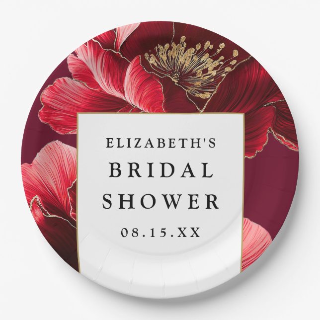 Burgundy Red Floral Elegant Modern Bridal Shower Paper Plates (Front)