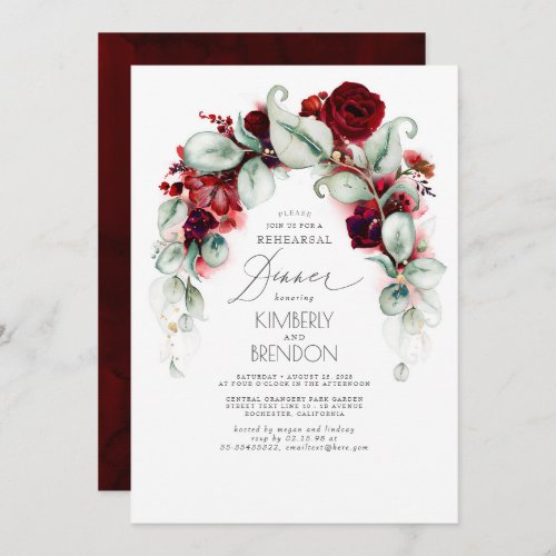 Burgundy Red Floral Elegant Rehearsal Dinner Invitation