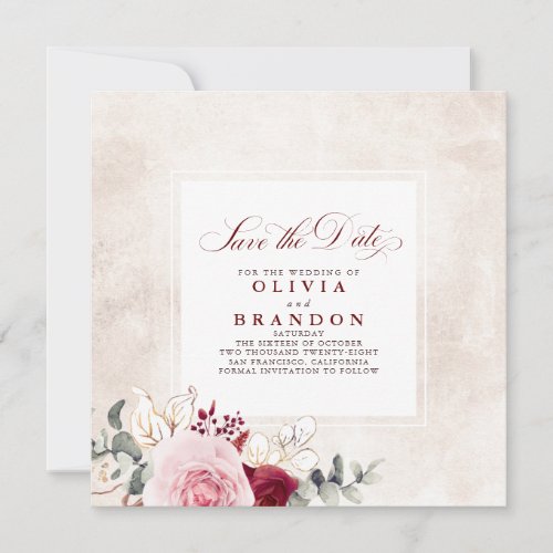 Burgundy Red Floral Elegant Save The Date Announcement