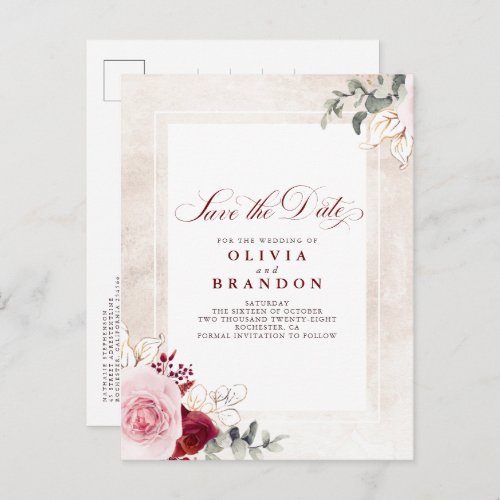 Burgundy Red Floral Elegant Save The Date Announcement Postcard
