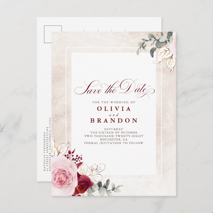 Burgundy Red Floral Elegant Save The Date Announcement Postcard